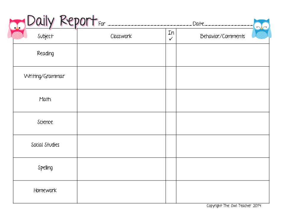 Daily Behavior Report for Each Subject Area