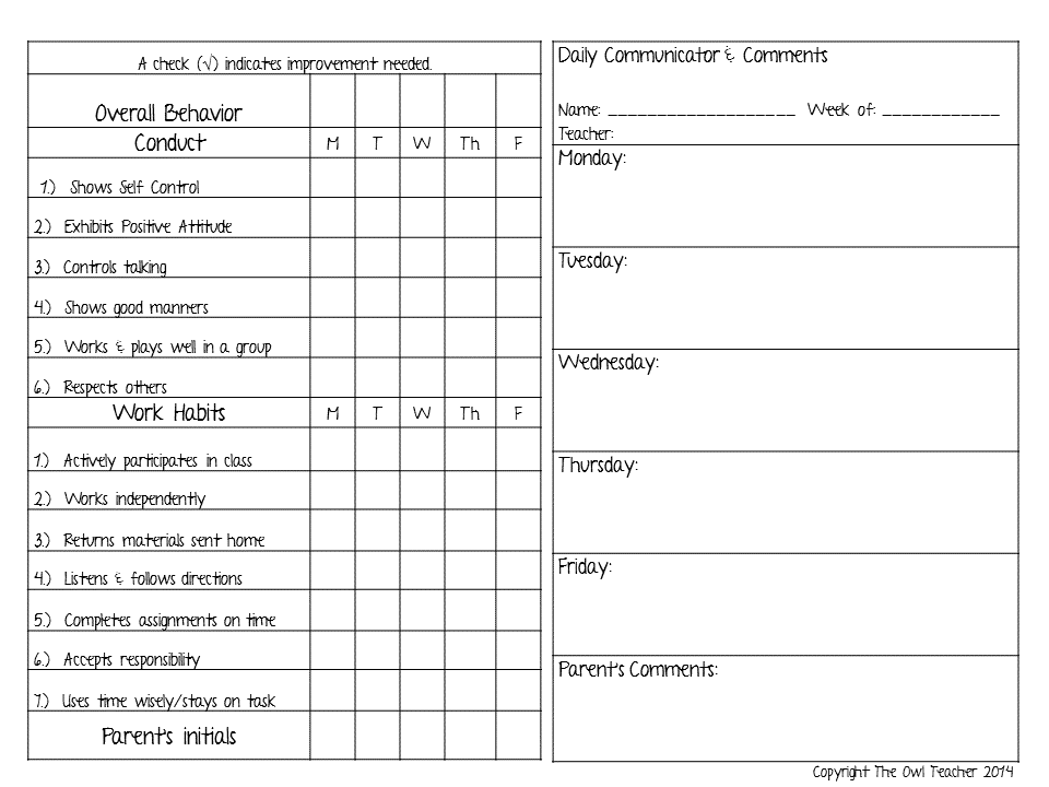 Daily Report on Behavior and Work Habits