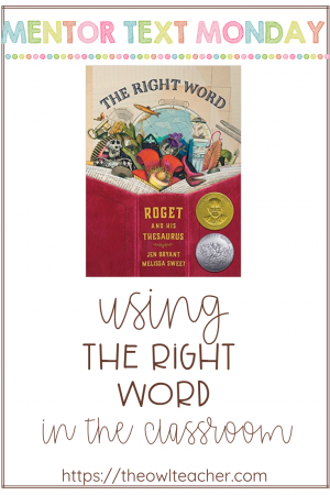 "The Right Word: Roget and his Thesaurus" can be used as a mentor text for teaching about nonfiction, parts of a book, synonyms, vocabulary and more.