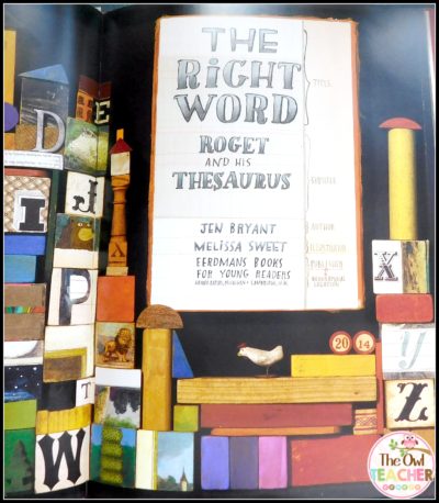 "The Right Word: Roget and his Thesaurus" can be used as a mentor text for teaching about nonfiction, parts of a book, synonyms, vocabulary and more.