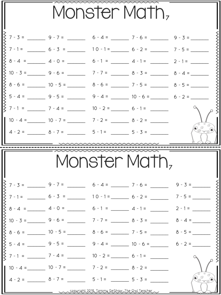 Math Fluency Subtraction Worksheets Numbers 0 10