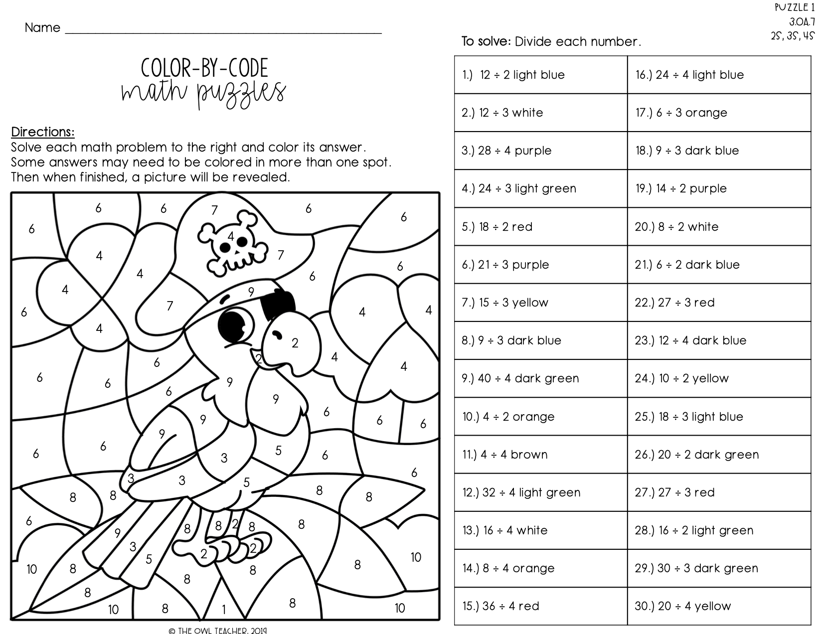 Division Facts Color By Number The Owl Teacher By Tammy DeShaw