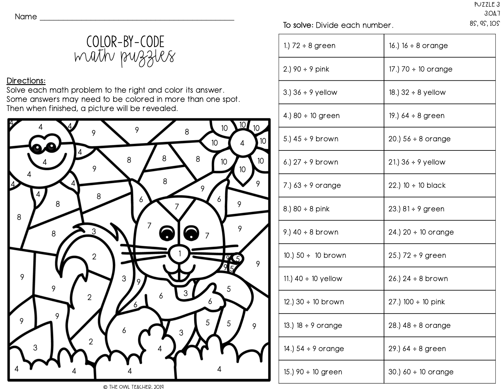 Division Facts Color By Number The Owl Teacher