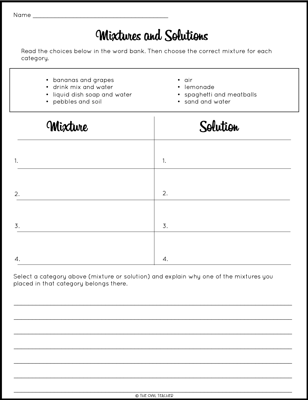 Mixtures and Solutions Craftivity - The Owl Teacher Pertaining To Mixtures And Solutions Worksheet