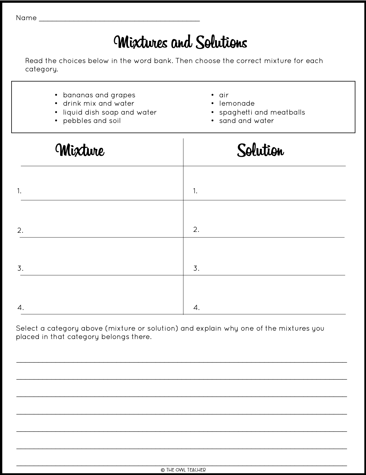 Mixtures and Solutions Craftivity - The Owl Teacher Inside Mixtures And Solutions Worksheet