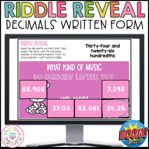Written Form of Decimals | Place Value of Decimals | Riddle Reveal Boom Cards