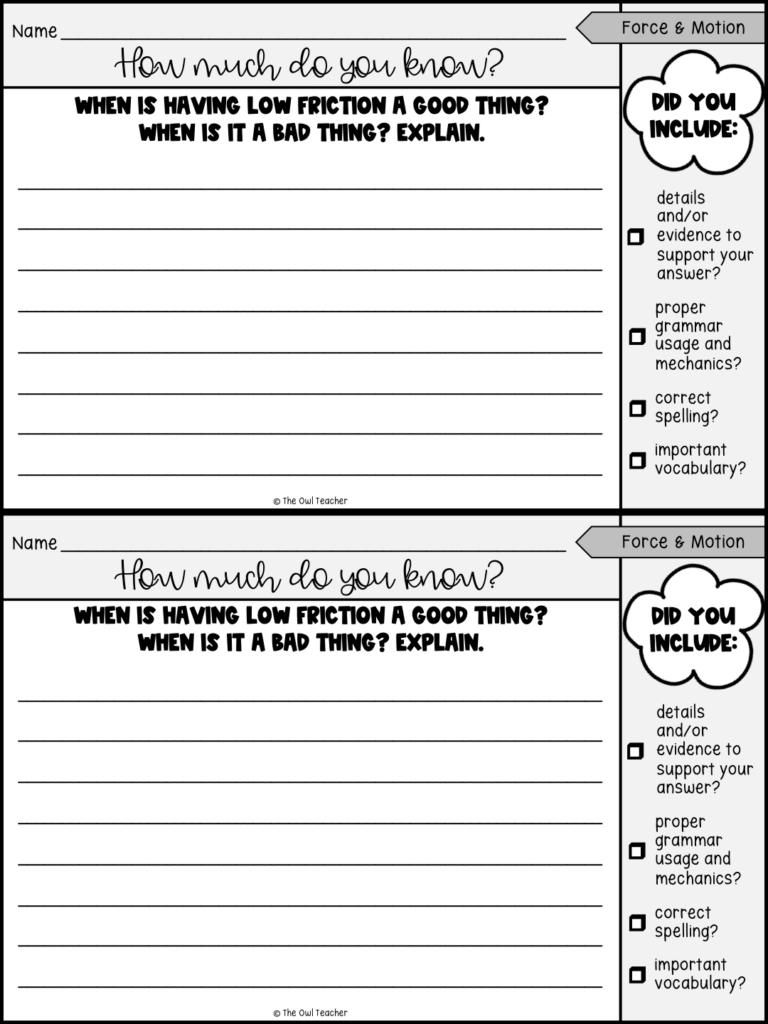 Force and Motion Science Writing Prompts | Exit Tickets - The Owl Teacher