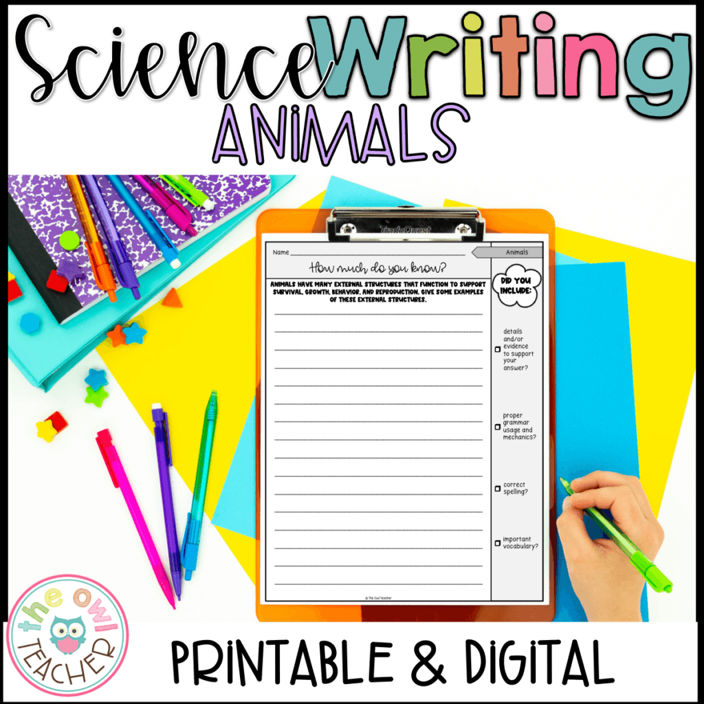 Animals and their Structures Science Writing Prompts | Exit Tickets