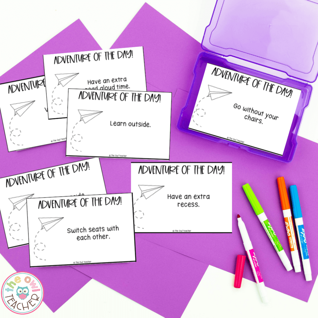 Put a little excitement in your day at the end of the year with this end of the activity. This adventure of the day is a card set that allows your students to do one activity each day that is out of the ordinary. It is motivating and can be used as a reward! It helps your students stay on task during a high-energy part of the school year. Click through to learn more.