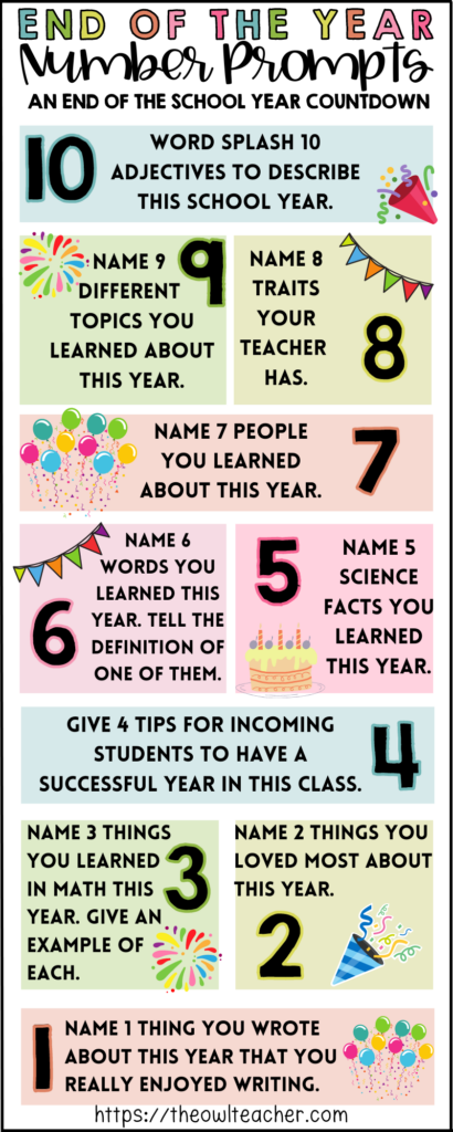 This infographic is the perfect resource for your end of the year activities! It is complete with 10 number prompts as you begin your end of the year countdown. You can use all these prompts in your classroom, or save time and grab the end of the year number book in my tpt store! Either way, I hope your end of the school year is great!