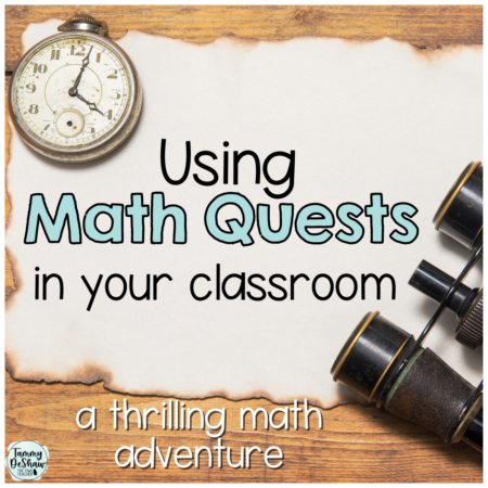 A display of math quests in my classroom on top of a treasure hunt map