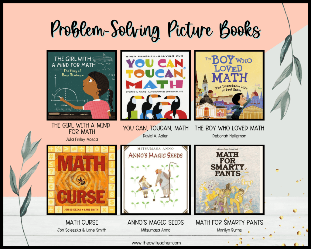 A collage of six images of problem-solving picture books.