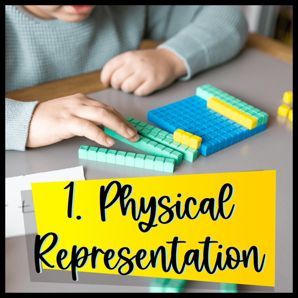 An image of a child using base-ten blocks with text reading "Physical Representation" referring to math ideas.