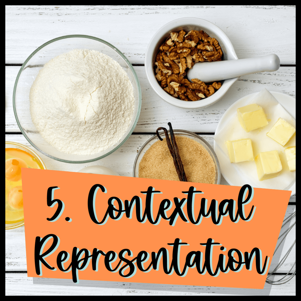 An image of several ingredients: egg yolks, flour, pecans, cinnamon, vanilla bean, and butter overlaid with the text "5. Contextual Representation" of math ideas.