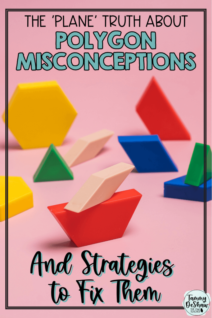 This pin has a pink background with pattern blocks in the middle. It has text that says The plane truth about polygon misconceptions and strategies to fix them stretched across the top and bottom of the pin.