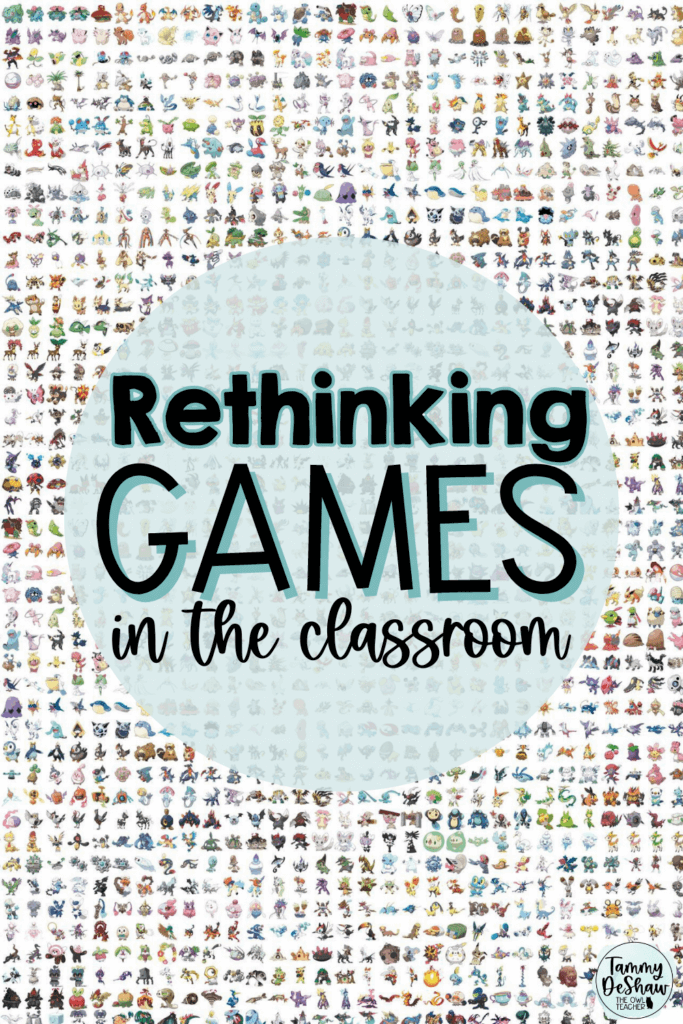 This image contains a background of mini Pokemon characters in rows and columns to fully cover the entire background. Then in the center of the image is a light blue circle that is somewhat transparent that says Rethinking Games in the Classroom.