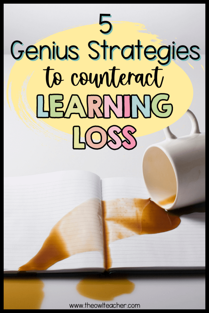An image with a coffee cup tipped over and spilled across a notebook. The words 5 Genius Strategies to Counteract Learning Loss is written across the top.