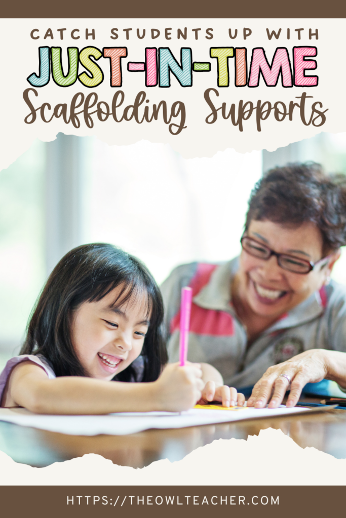 This image has a girl working in a notebook with a teacher sitting beside her. They are both happy. Along the top there is the phrase, "catch students up with just-in-time scaffolding supports."