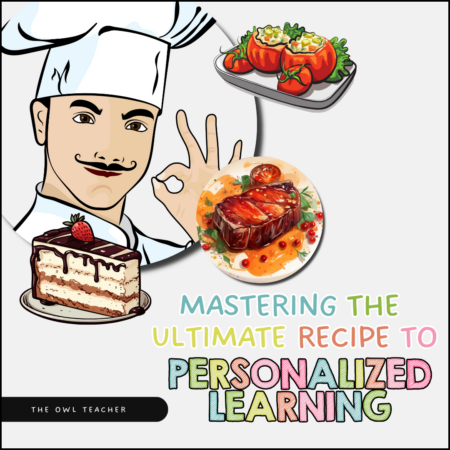 A square image with a chef and three plates of recipes around him. They are desert, a main course and an appetizer. It then contains the words: Master the Ultimate Recipe to Personalized Learning.