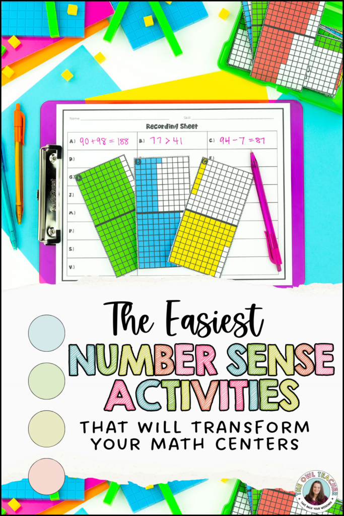This image has a background with colorful base-ten blocks. Across the middle is a clipboard with cards on it. The words across the image says "The easiest number sense activities that will transform your math centers."