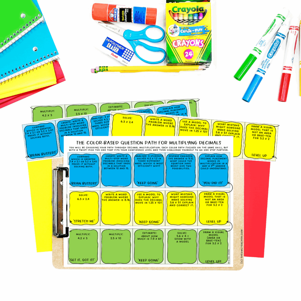 An image with a paper in the centers that is blue, green and yellow. Around it is school supplies.
