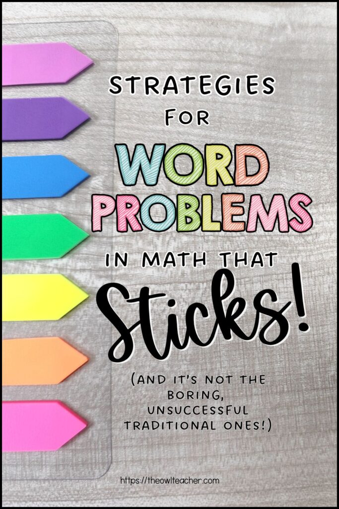 a gray background with the words strategies for word problems in math that sticks.