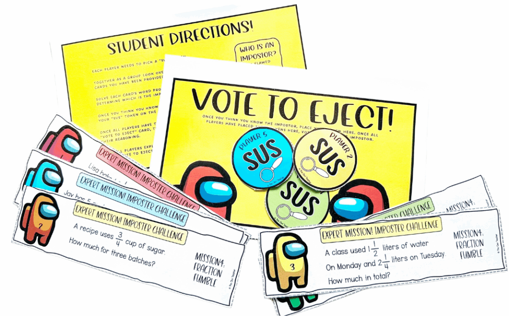 A yellow image with several slips of paper. The image contains word problems on it.