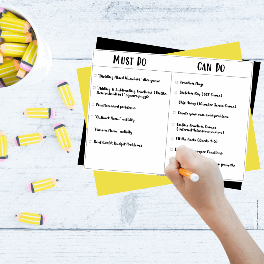 It's a gray background with yellow and black across it and a white paper indicating must do and can do activities.