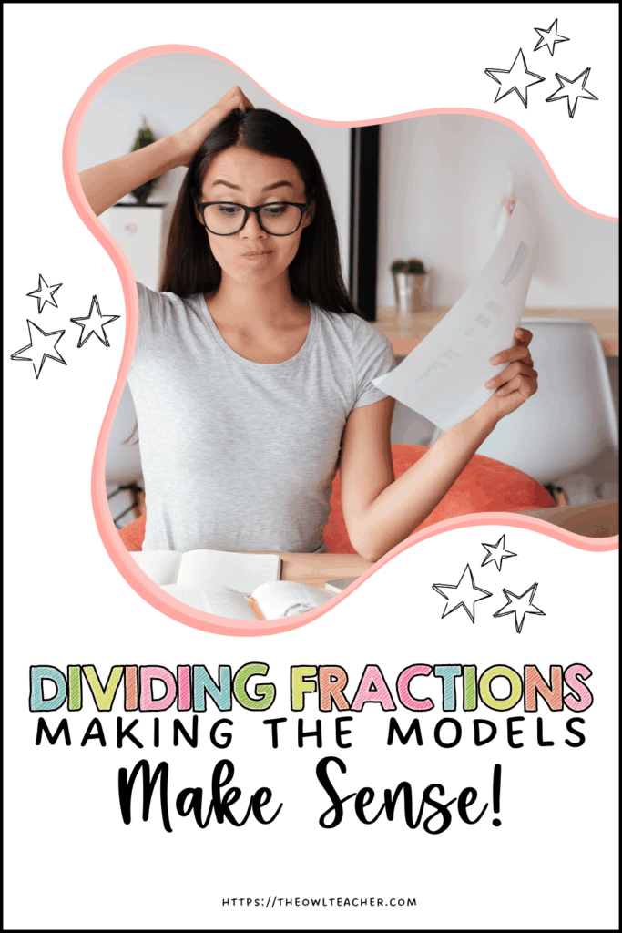 This is a white image with stars in the background and a lady scratching her head in confusion. It includes the words "Dividing Fractions: Making the Models Make Sense."