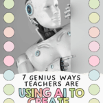 This image has a robot peeking out with the words across the image saying 7 Genius Ways Teachers Are Using AI to Create Hands-On Activities