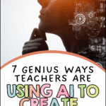 This image has a robot peeking out with the words across the image saying 7 Genius Ways Teachers Are Using AI to Create Hands-On Activities