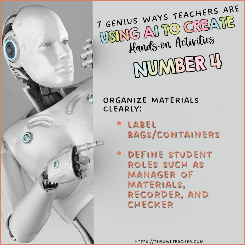 This image has a robot peeking out with the words across the image saying 7 Genius Ways Teachers Are Using AI to Create Hands-On Activities