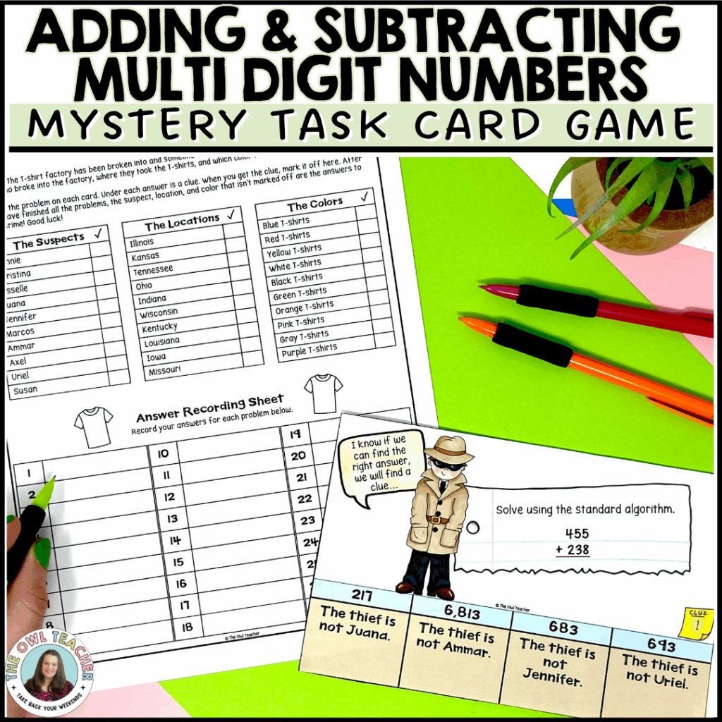 Multi-Digit Adding and Subtracting Math Mystery - The Owl Teacher
