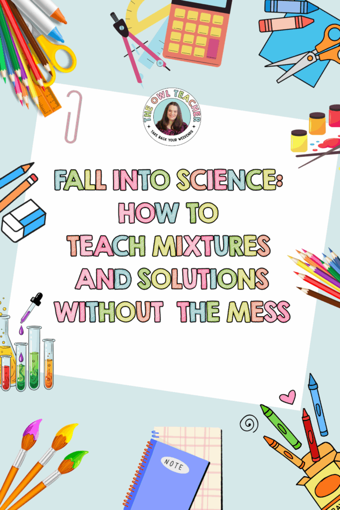 Educational blog post cover image featuring The Owl Teacher branding with colorful illustrated school supplies and science equipment border including colored pencils, scissors, ruler, calculator, beakers, test tubes, crayons, and paintbrushes framing the title 'Fall into Science: How to Teach Mixtures and Solutions Without the Mess' on a light blue background