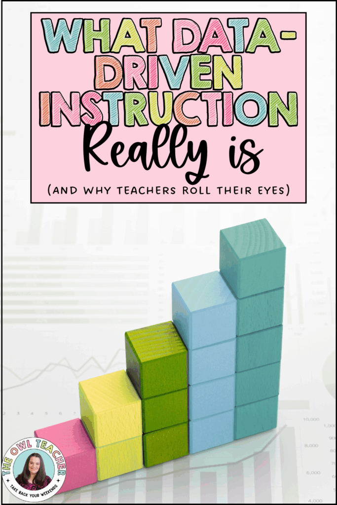 This image is has blocks that are stacked like a bar graph with the words "What data-driven instruction really is" for a blog post containing data-driven teaching strategies.