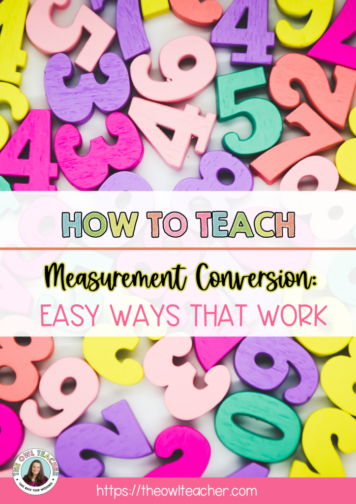 Colorful wooden numbers scattered on white background with text overlay reading "How to Teach Measurement Conversion: Easy Ways That Work" from The Owl Teacher blog