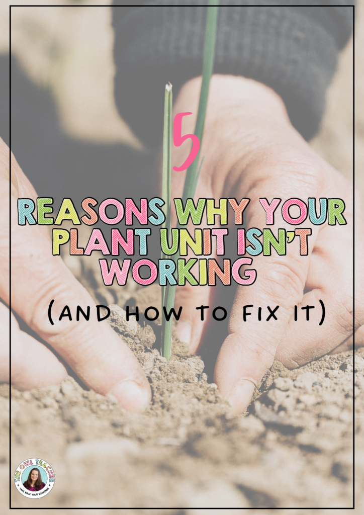 Close-up of hands measuring a young plant seedling stem outdoors with number 5 overlay, demonstrating scientific measurement techniques with the blog title "5 Reasons Your Plant Unit Isn't Working (And What You Can Do About It)"