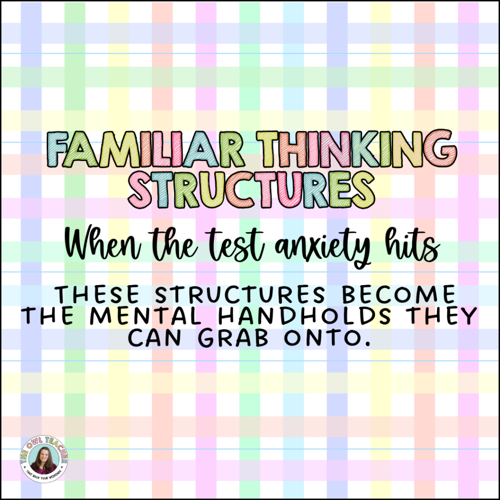 Educational graphic with pastel plaid background titled "Familiar Thinking Structures" explaining that when test anxiety hits, these structures become mental handholds students can grab onto. 