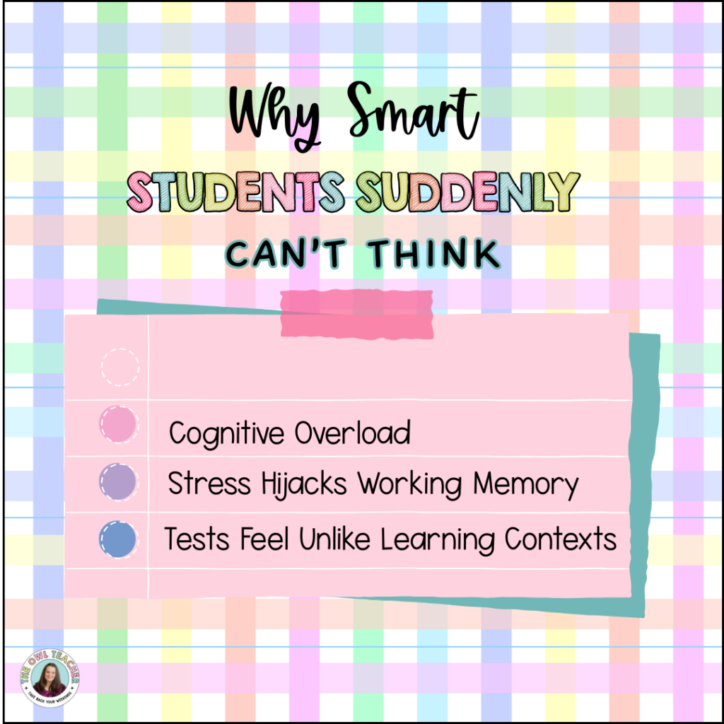 Graphic with pastel plaid background reading "Common Test Anxiety Solutions That Miss the Mark" in colorful block letters. Created by The Owl Teacher for educators seeking effective student support strategies.
