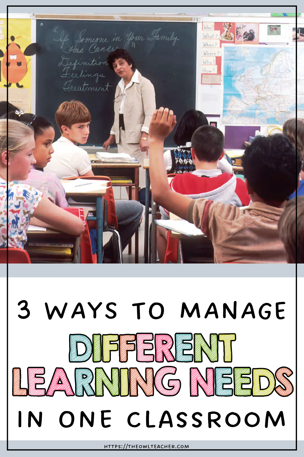 An image of a teacher at the front of the room with the words 3 ways to manage different learning needs.